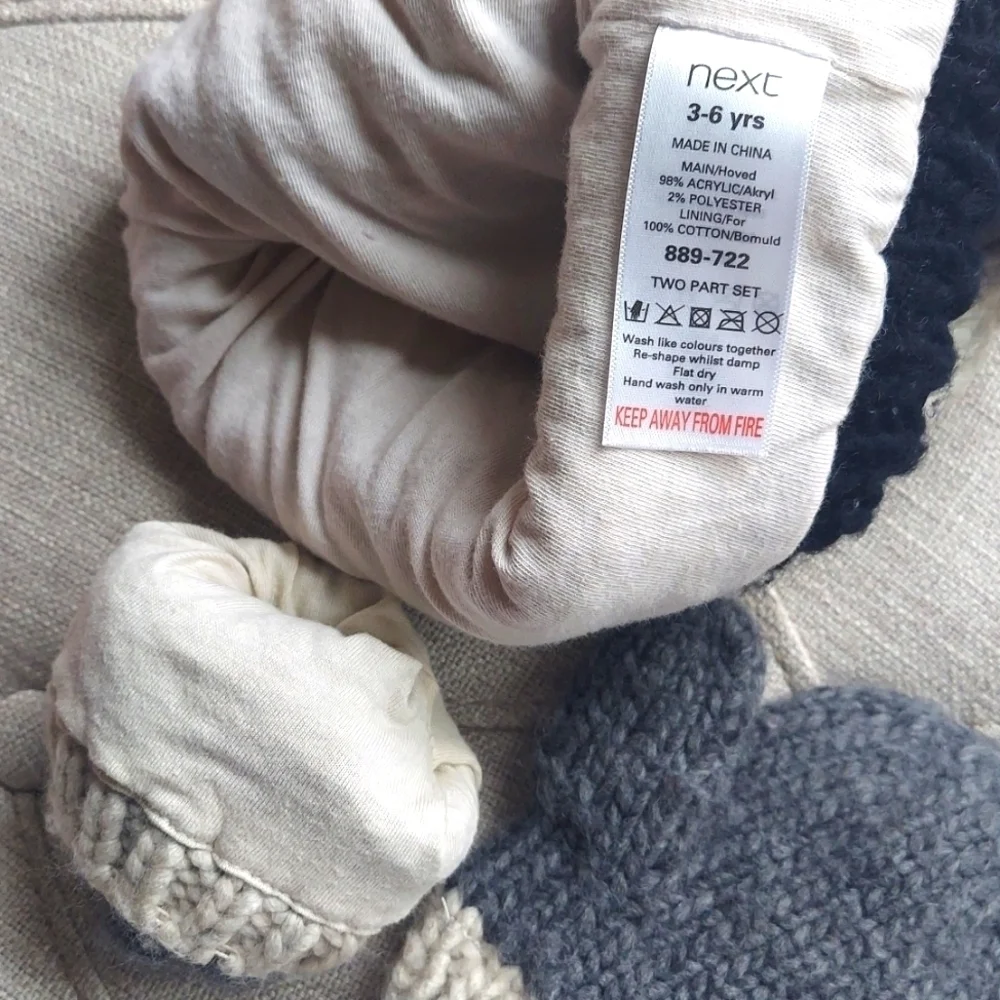 Toddler Bear ears Beanie Hat and Mitten Set - cream gray - size 3-6